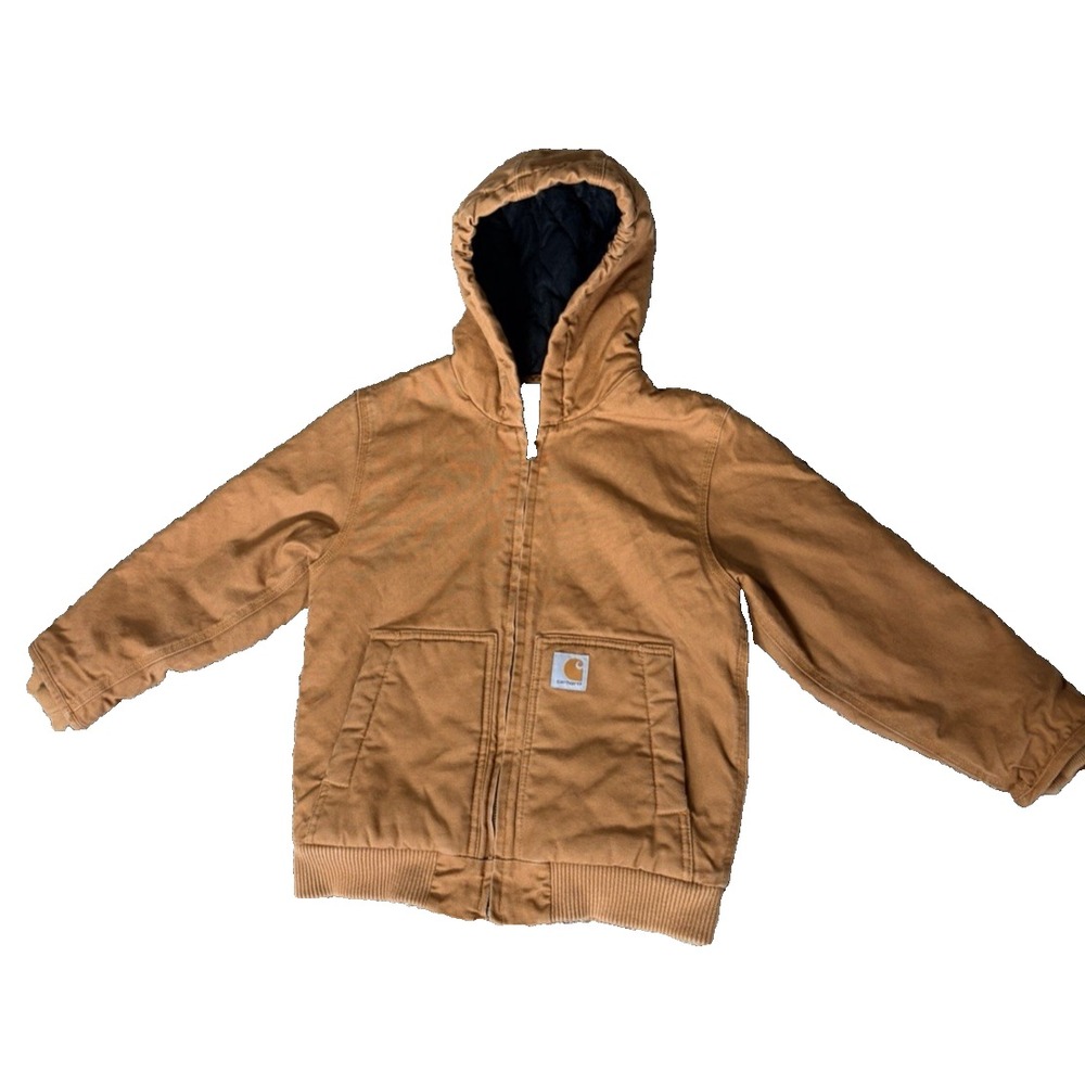 Carhartt Jacket Boys Small 7/8 Duck Canvas Hooded Quilted Insulated